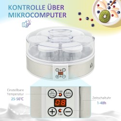 Jogurttikone ruostumatonta terästä 7 lasipurkkia 1260 ml 24x24x13 cm valkoinen/hopea