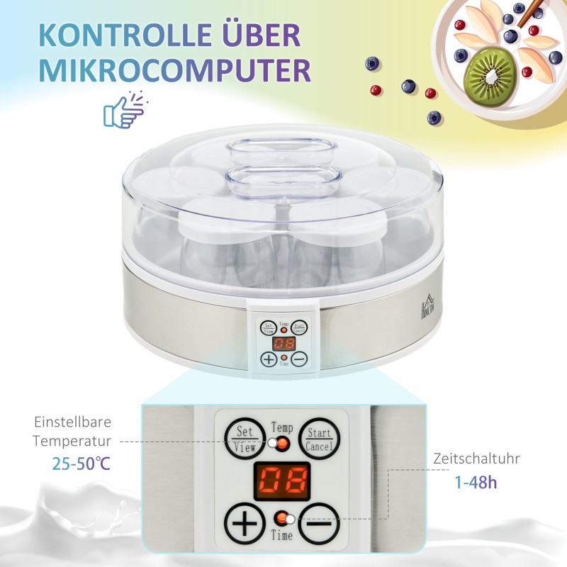 Jogurttikone ruostumatonta terästä 7 lasipurkkia 1260 ml 24x24x13 cm valkoinen/hopea