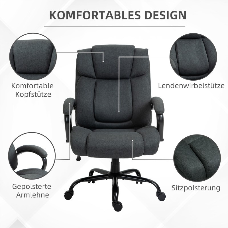 Ergonominen työtuoli leveällä istuimella, keinutoiminnolla ja 220 kg kantavuudella, tummanharmaa