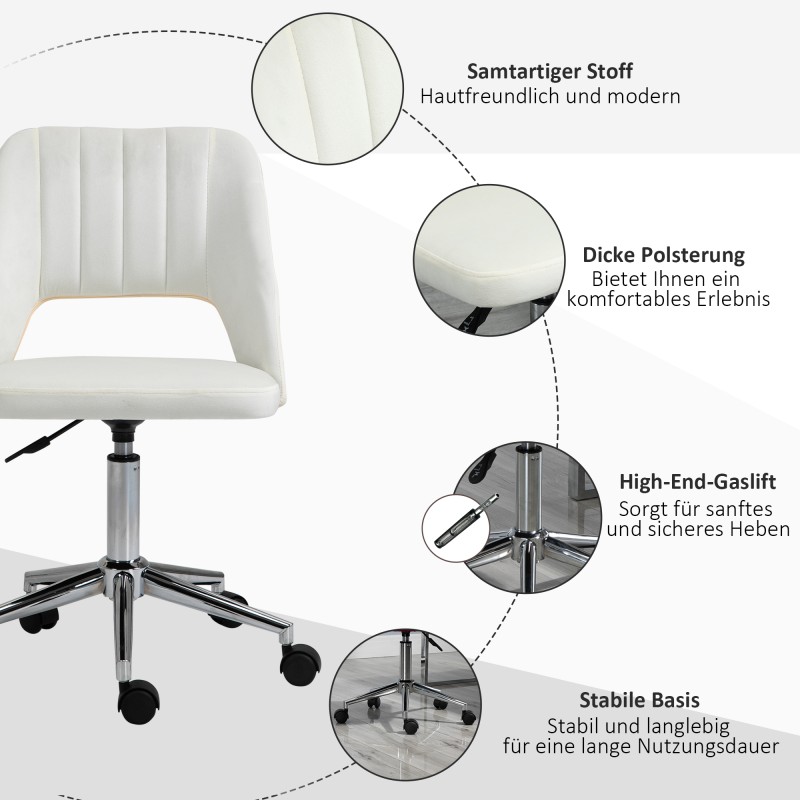 Työtuoli kotitoimistoon, samettiverhoilu ja vaahtomuovi, korkeussäädettävä, pyörät, 360° kääntyvä, cremevalkoinen