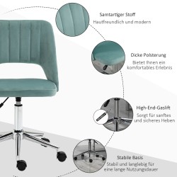 Työtuoli kotitoimistoon, korkeussäädettävä ja pyörällinen, samettiverhoilu, 49 x 60 x 79–91 cm, vihreä