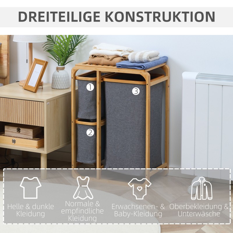 Bambuinen pyykkikaappi 3 irrotettavalla korilla 50 x 32 x 69,7 cm natur/harmaa
