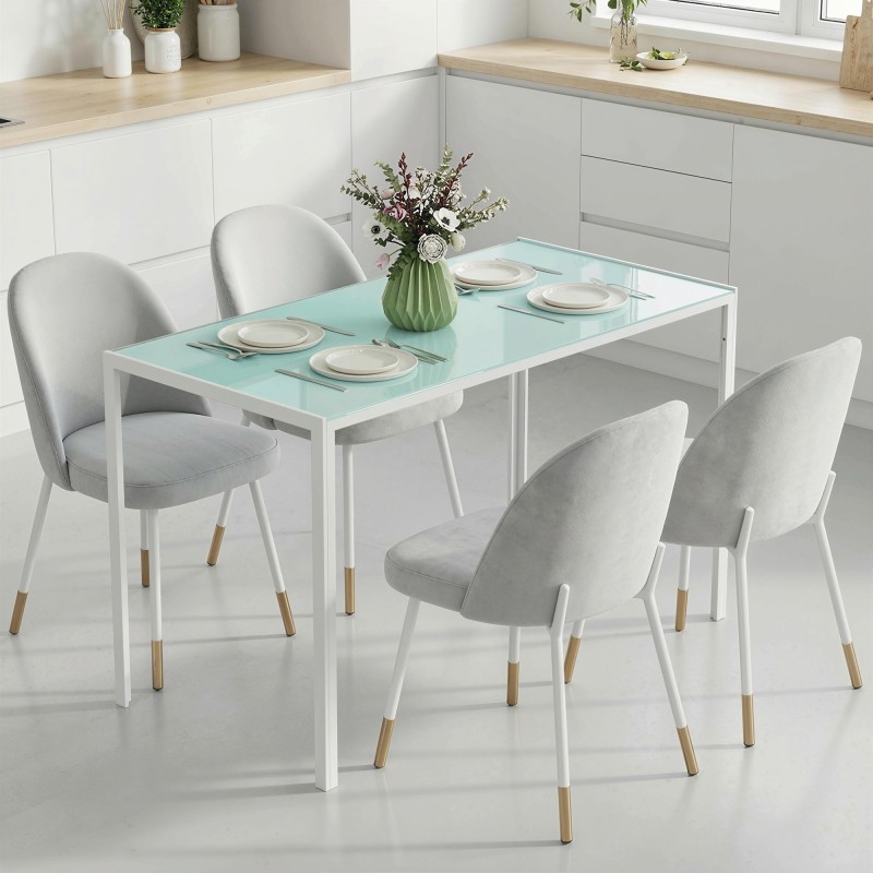 Ruokapöytä keittiöön, karkaistu lasikansi ja metallirunko, 120 x 60 x 75 cm, valkoinen