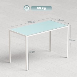Ruokapöytä keittiöön, karkaistu lasikansi ja metallirunko, 120 x 60 x 75 cm, valkoinen
