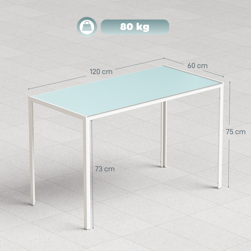 Ruokapöytä keittiöön, karkaistu lasikansi ja metallirunko, 120 x 60 x 75 cm, valkoinen