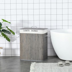 Pyykkikori 100 L kahdella lokerolla, bambu ja pestävä kangaspussi, 52 x 32 x 63 cm, harmaa