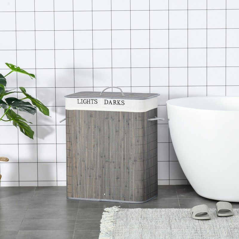Pyykkikori 100 L kahdella lokerolla, bambu ja pestävä kangaspussi, 52 x 32 x 63 cm, harmaa