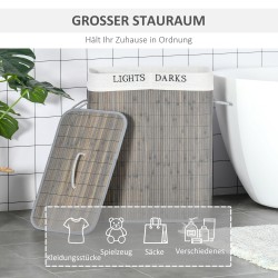 Pyykkikori 100 L kahdella lokerolla, bambu ja pestävä kangaspussi, 52 x 32 x 63 cm, harmaa