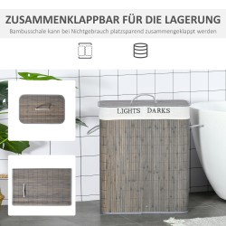 Pyykkikori 100 L kahdella lokerolla, bambu ja pestävä kangaspussi, 52 x 32 x 63 cm, harmaa