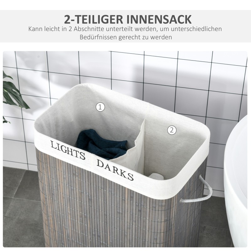 Pyykkikori 100 L kahdella lokerolla, bambu ja pestävä kangaspussi, 52 x 32 x 63 cm, harmaa