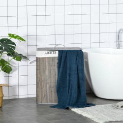 Pyykkikori 100 L kahdella lokerolla, bambu ja pestävä kangaspussi, 52 x 32 x 63 cm, harmaa