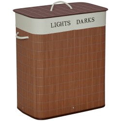 Bambuinen pyykkikori kannella 100 l 2 irrotettavaa pyykkipussia kapea malli ruskea