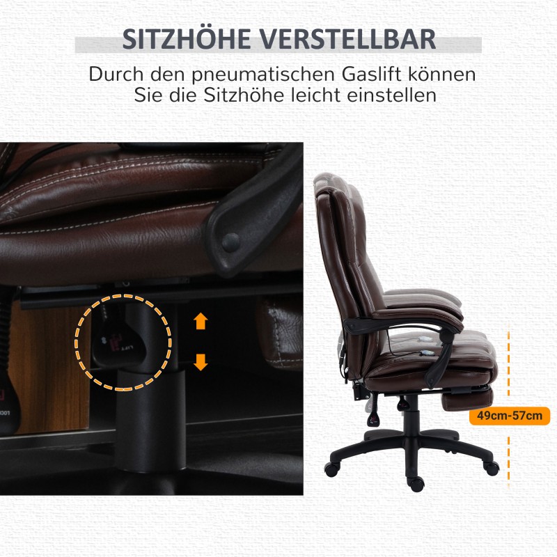 Työtuoli hierontatoiminnolla ja jalkatuella, keinonahka, säädettävä, 68,5x68,5x113–121 cm, ruskea