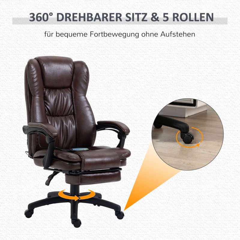 Työtuoli hierontatoiminnolla ja jalkatuella, keinonahka, säädettävä, 68,5x68,5x113–121 cm, ruskea