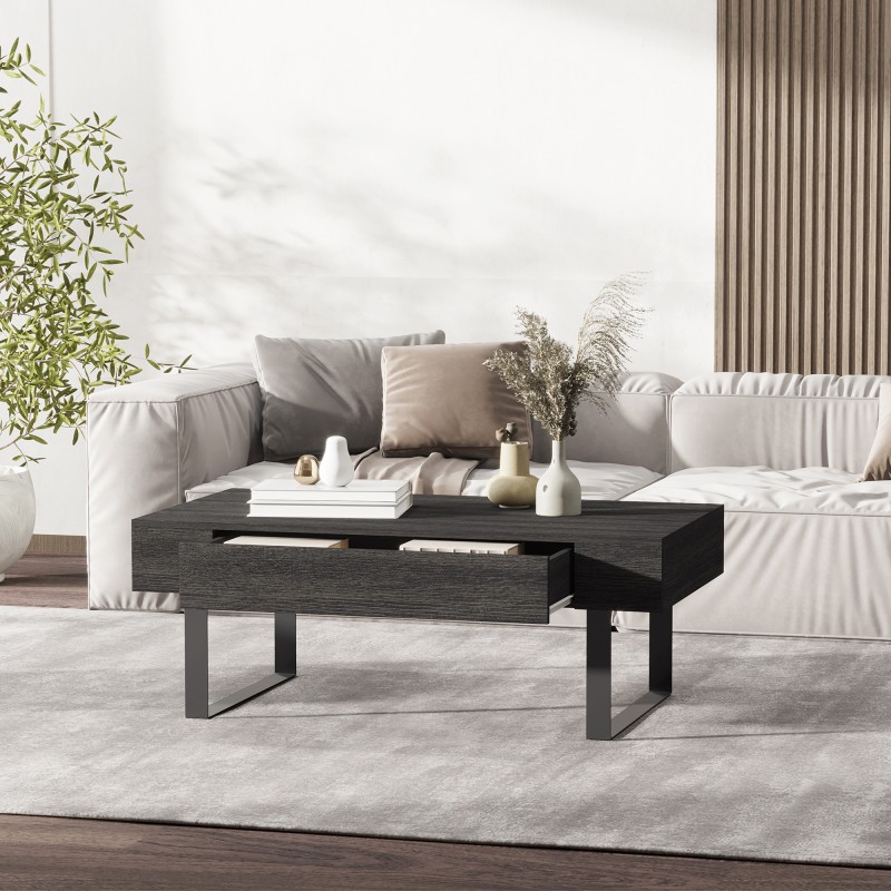 Sohvapöytä laatikolla ja avohyllyllä, lastulevy ja metallirunko, 110 x 60 x 40 cm, tummanharmaa