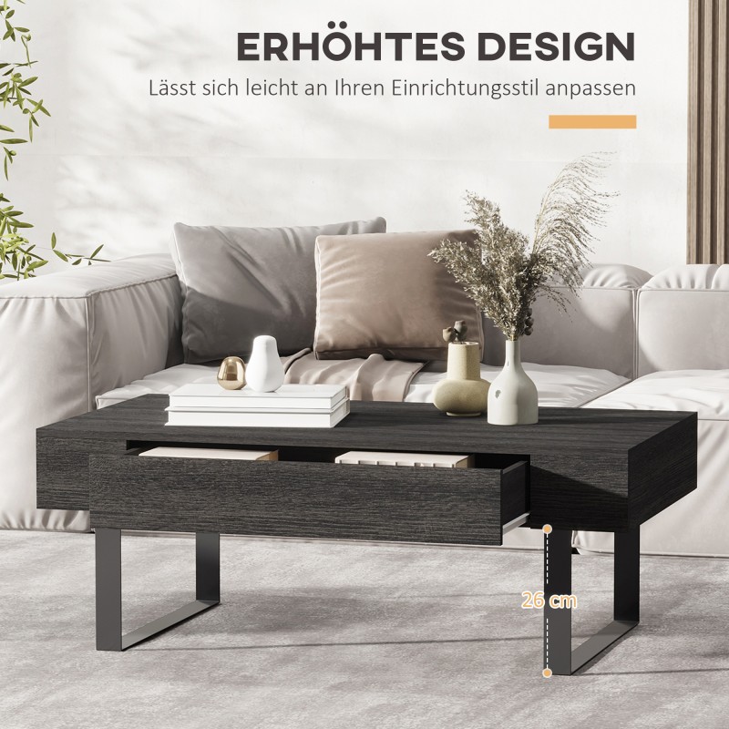 Sohvapöytä laatikolla ja avohyllyllä, lastulevy ja metallirunko, 110 x 60 x 40 cm, tummanharmaa