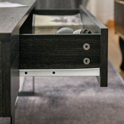 Sohvapöytä laatikolla ja avohyllyllä, lastulevy ja metallirunko, 110 x 60 x 40 cm, tummanharmaa