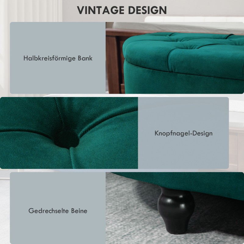 Säilytyspenkki samettimainen velour, pehmustettu istuin ja soft-close kansi 120 x 46 x 42 cm, tummanvihreä