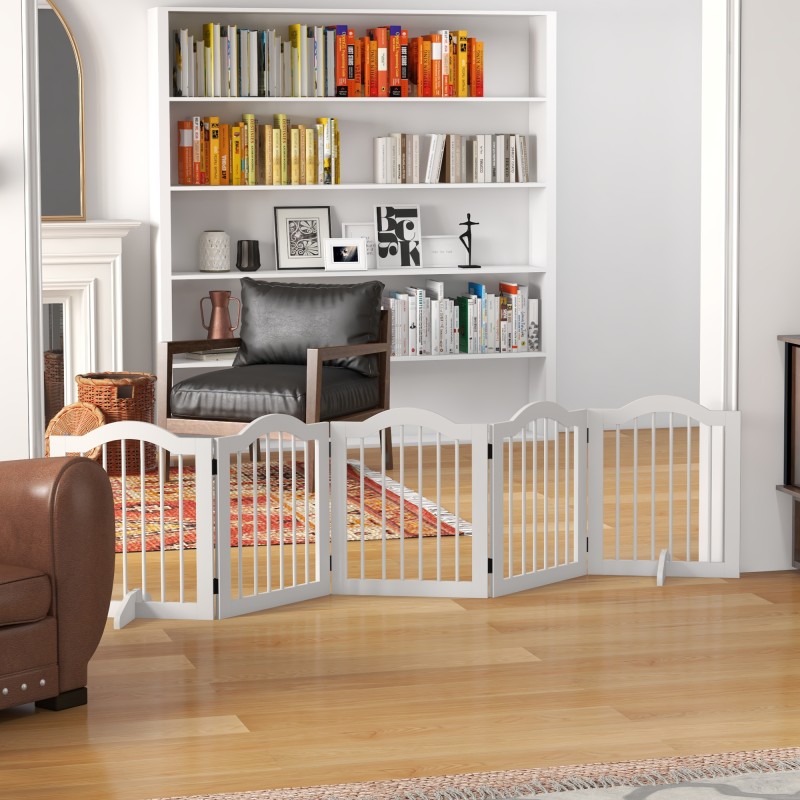 Koirien turvaportti pienille koirille, 5-paneelinen, puu/MDF, 254,5 x 29,5 x 61 cm, valkoinen