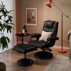 Hierova lepotuoli ja jalkarahi, keinonahka, sähköinen hieronta ja kallistus, musta