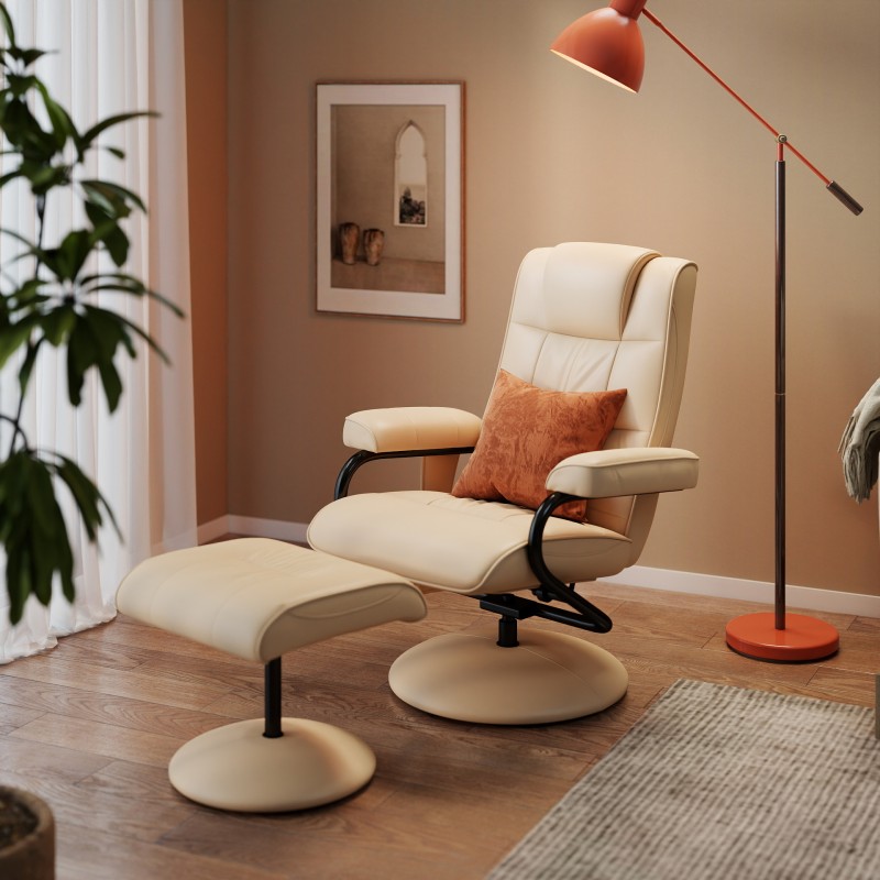 Hierontatuoli ja jalkajalusta, keinonahkaa, sähköinen värinähieronta, kallistuva ja pyörivä, kerma