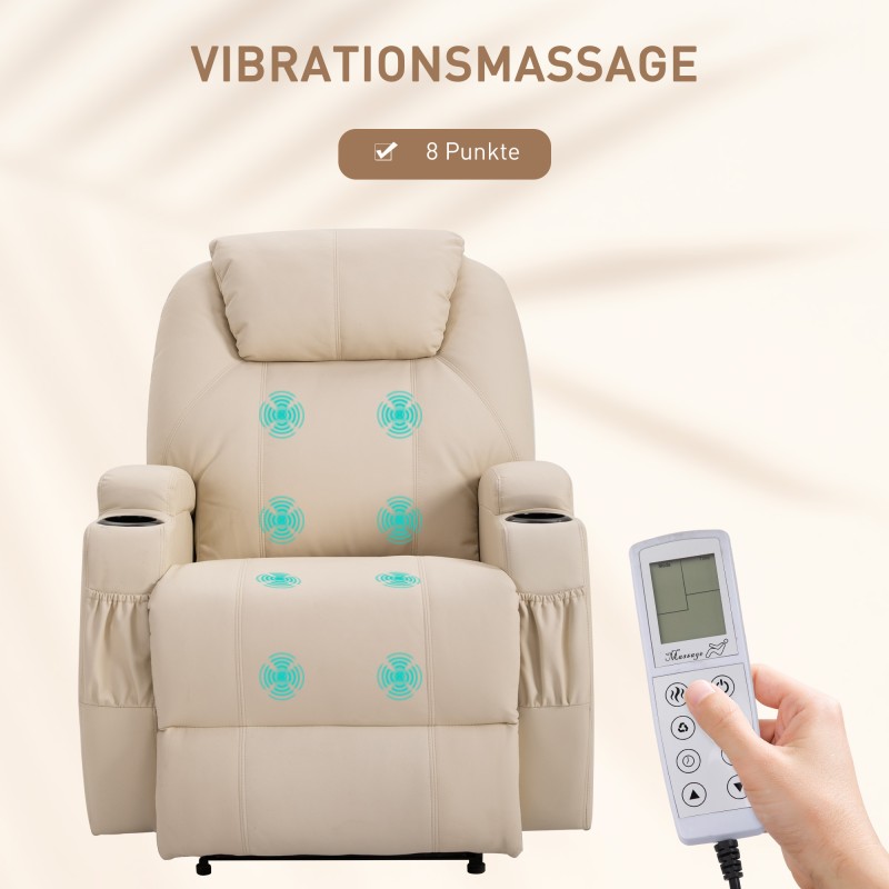 Sähköinen hierova lepotuoli olohuoneeseen, keinonahka, kallistuva selkänoja, 160 kg, kermanvalkoinen
