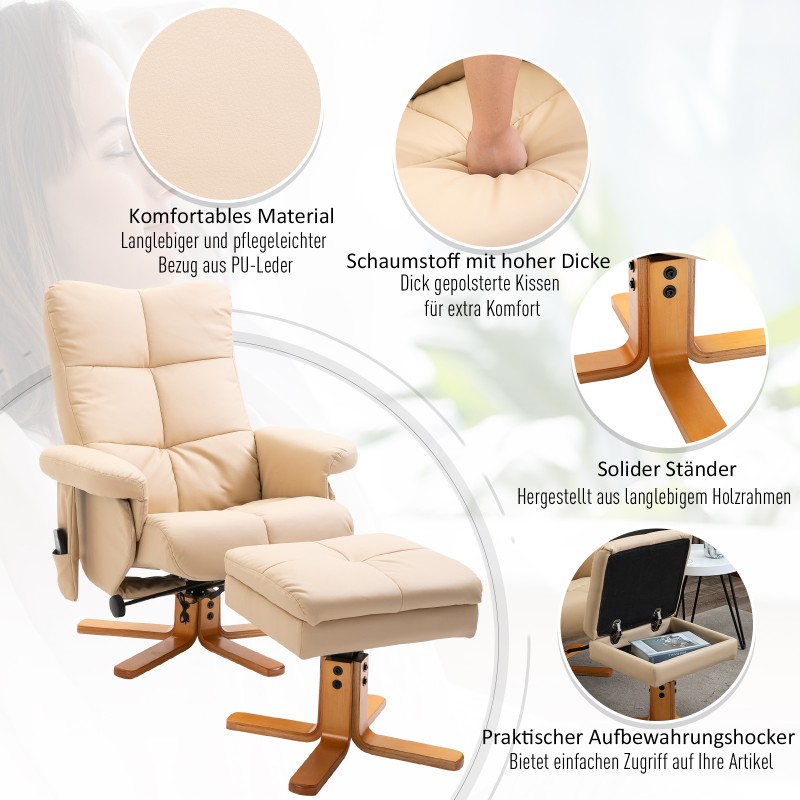 Hierontalepotuoli jalkarahilla ja säilytystilalla, keinonahka, kallistuva 145°, creme, 80 x 86 x 99 cm