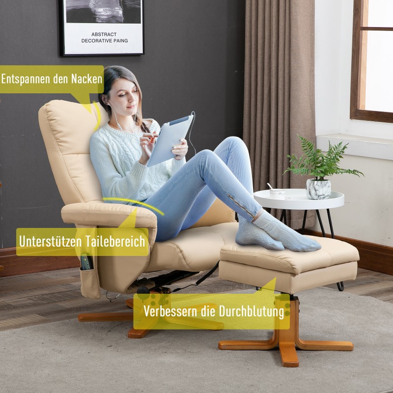 Hierontalepotuoli jalkarahilla ja säilytystilalla, keinonahka, kallistuva 145°, creme, 80 x 86 x 99 cm