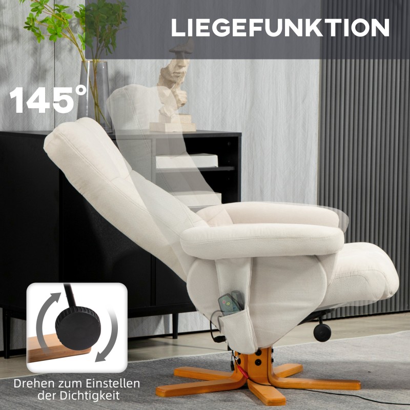 Hierontatoiminnolla varustettu lepotuoli ja jalkarahi, polyesteri, 80 x 86 x 99 cm, kermanvalkoinen