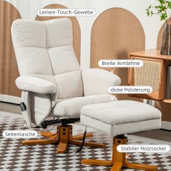 Hierontatoiminnolla varustettu lepotuoli ja jalkarahi, polyesteri, 80 x 86 x 99 cm, kermanvalkoinen