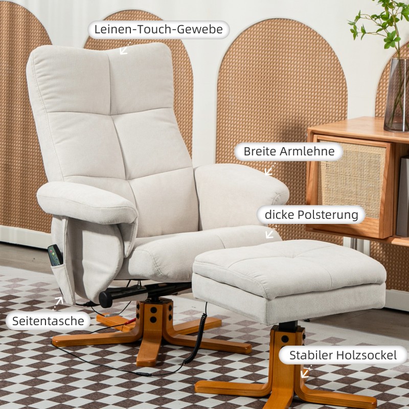 Hierontatoiminnolla varustettu lepotuoli ja jalkarahi, polyesteri, 80 x 86 x 99 cm, kermanvalkoinen