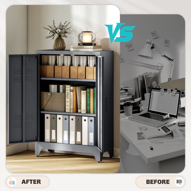 Metallinen asiakirjakaappi lamelliovin, 2 säädettävää hyllyä, 75 x 33 x 110 cm, harmaa