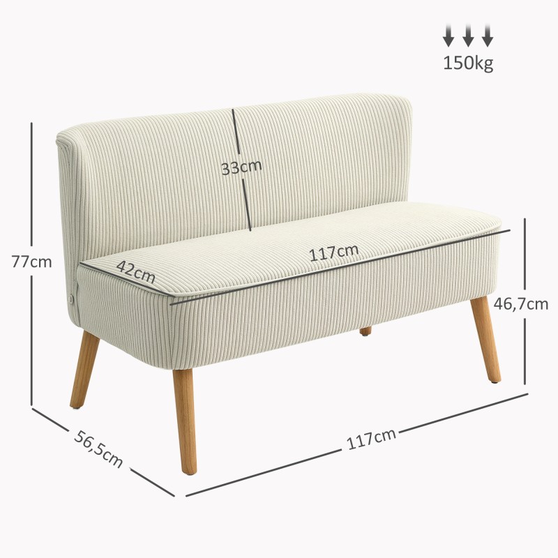 2-istuttava sohva, puurunko, cord-tyylinen kangas, 117 x 56,5 x 77 cm, cremevalkoinen