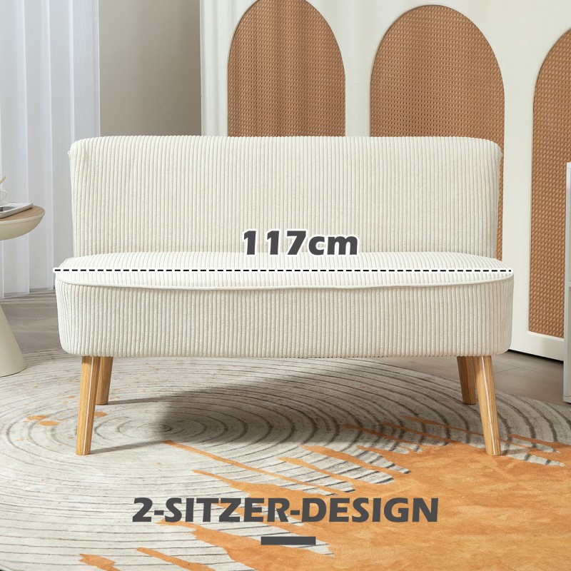 2-istuttava sohva, puurunko, cord-tyylinen kangas, 117 x 56,5 x 77 cm, cremevalkoinen