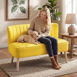 2 hengen sohva, pehmeä verhoilu, puurunko, 117 x 56,5 x 77 cm, keltainen