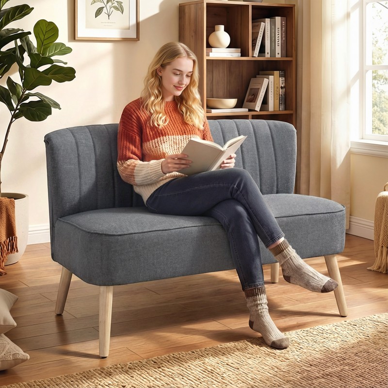 2 hengen sohva olohuoneeseen, puurunko, kangas pellavapinnalla, 117 cm, harmaa