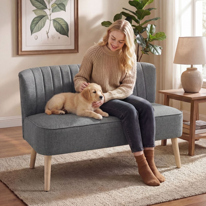 2 hengen sohva olohuoneeseen, puurunko, kangas pellavapinnalla, 117 cm, harmaa