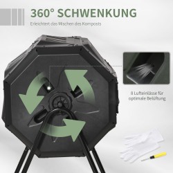 Pyörivä kompostori puutarhaan, 2-osainen teräs–muovi rakenne, 160 l, 71 x 64 x 96 cm, musta