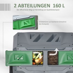 Pyörivä kompostori puutarhaan, 2 lokeroa, teräs ja PP-muovi, 160 l, 71 x 65 x 96 cm, harmaa/vihreä/musta