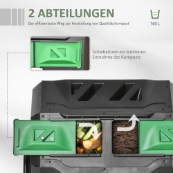 Kompostori puutarhaan, 2-kammioinen pyörivä rumpu, teräs ja polypropeeni, 160 l, 71 x 65 x 96 cm, vihreä/musta