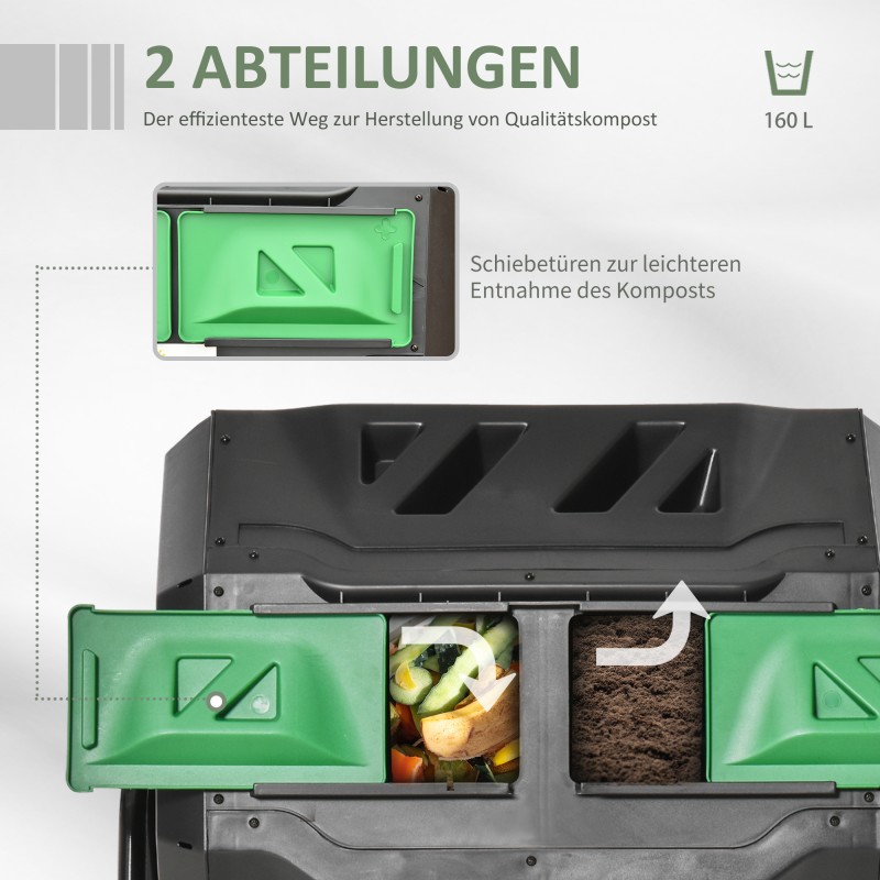 Kompostori puutarhaan, 2-kammioinen pyörivä rumpu, teräs ja polypropeeni, 160 l, 71 x 65 x 96 cm, vihreä/musta