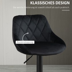 Baarituoli 2 kpl setti, säädettävä ja pyörivä, samettimainen verhoilu, selkänojalla ja jalkatuella, musta