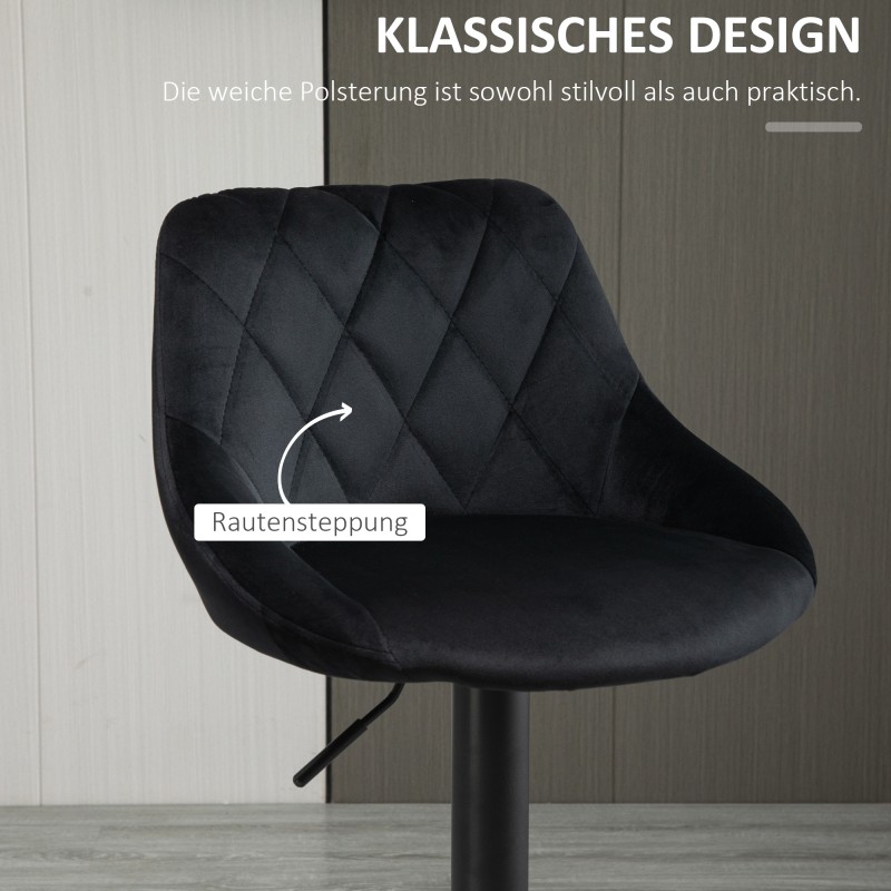 Baarituoli 2 kpl setti, säädettävä ja pyörivä, samettimainen verhoilu, selkänojalla ja jalkatuella, musta