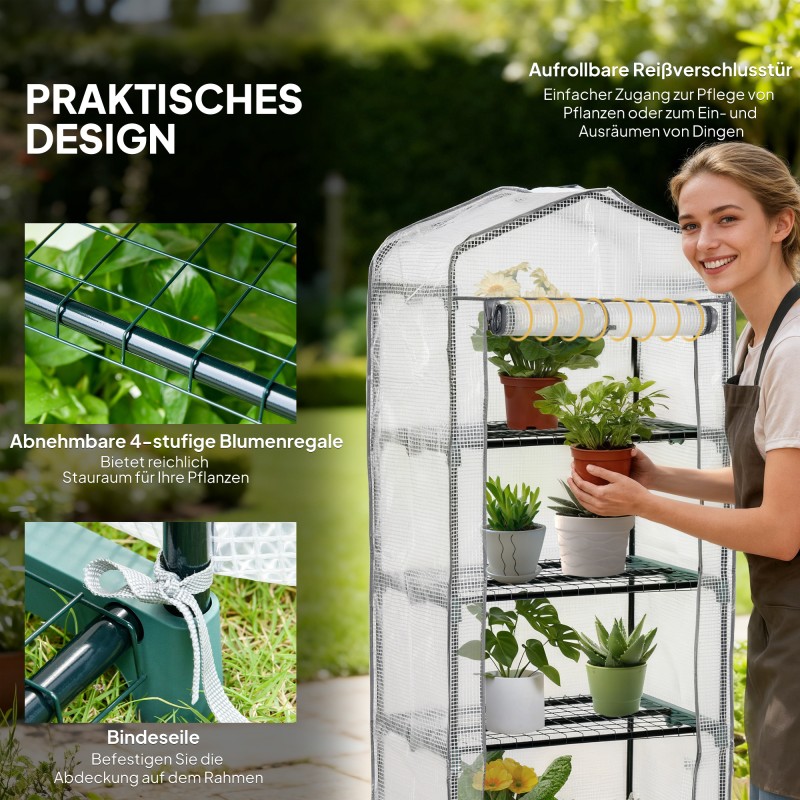 Muovikasvihuone neljällä hyllytasolla 70 x 50 x 160 cm valkoinen-harmaa