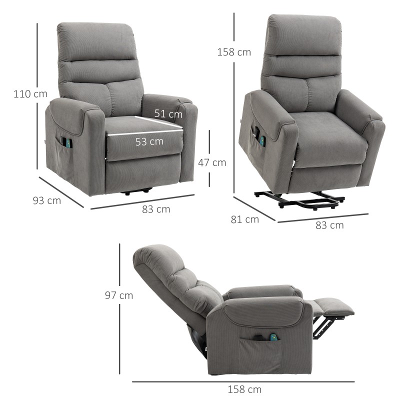 Sähkökäyttöinen lepotuoli nostomekanismilla, hieronta- ja lämpötoiminto, polyesteri, tummanharmaa