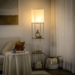 Lattiavalaisin hyllyillä, metallirunko ja kangasvarjostin, 26x26x159 cm, valkoinen/ruskea