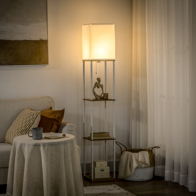 Lattiavalaisin hyllyillä, metallirunko ja kangasvarjostin, 26x26x159 cm, valkoinen/ruskea