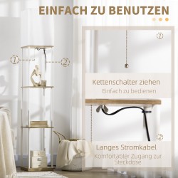 Lattiavalaisin hyllyillä, metallirunko ja kangasvarjostin, 26x26x159 cm, valkoinen/ruskea