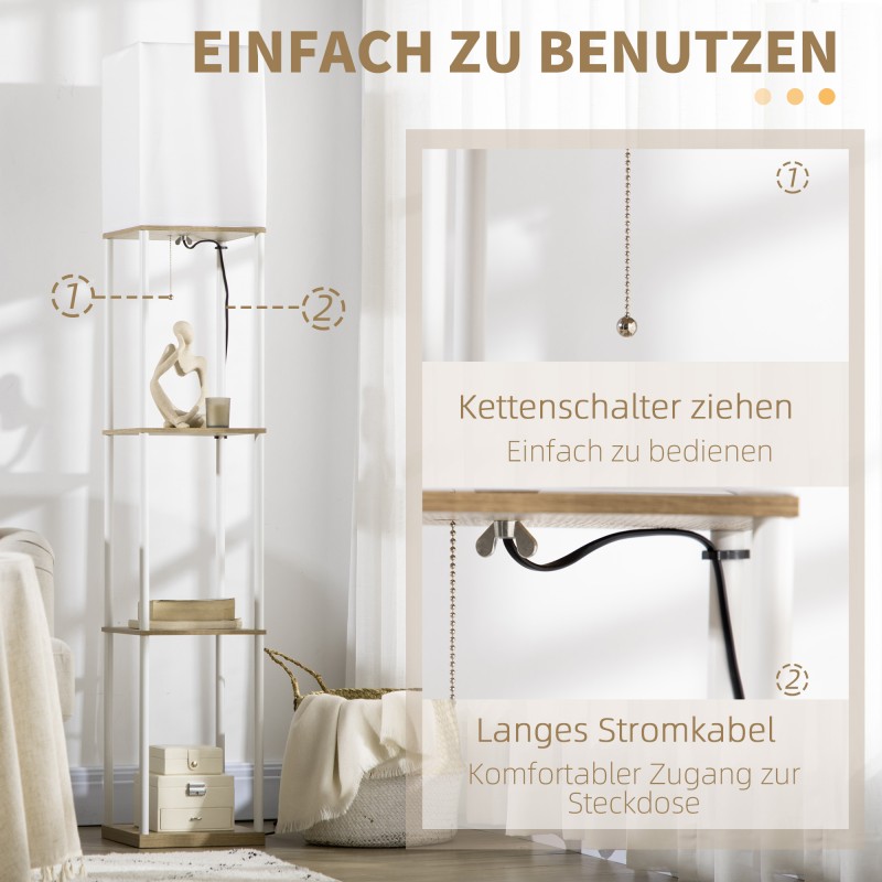 Lattiavalaisin hyllyillä, metallirunko ja kangasvarjostin, 26x26x159 cm, valkoinen/ruskea