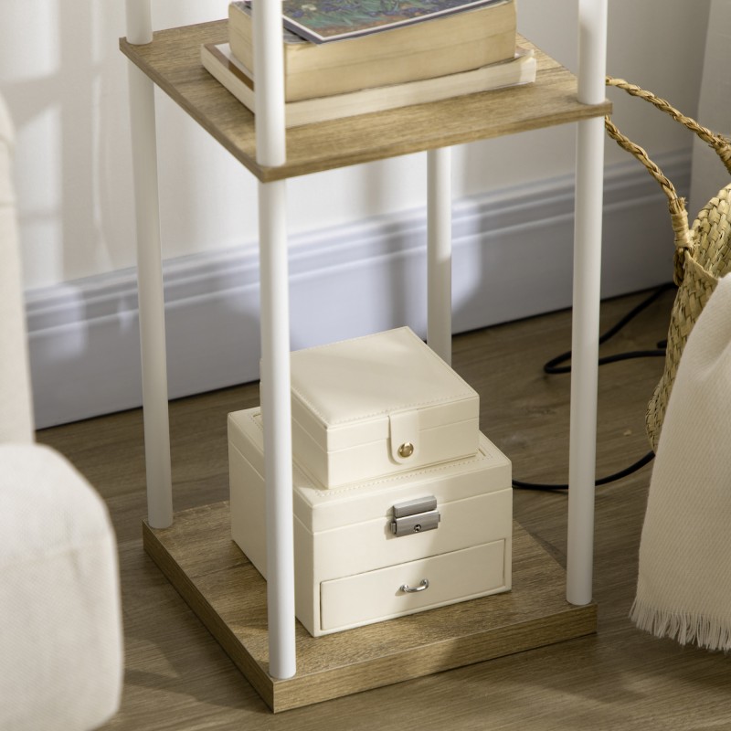 Lattiavalaisin hyllyillä, metallirunko ja kangasvarjostin, 26x26x159 cm, valkoinen/ruskea